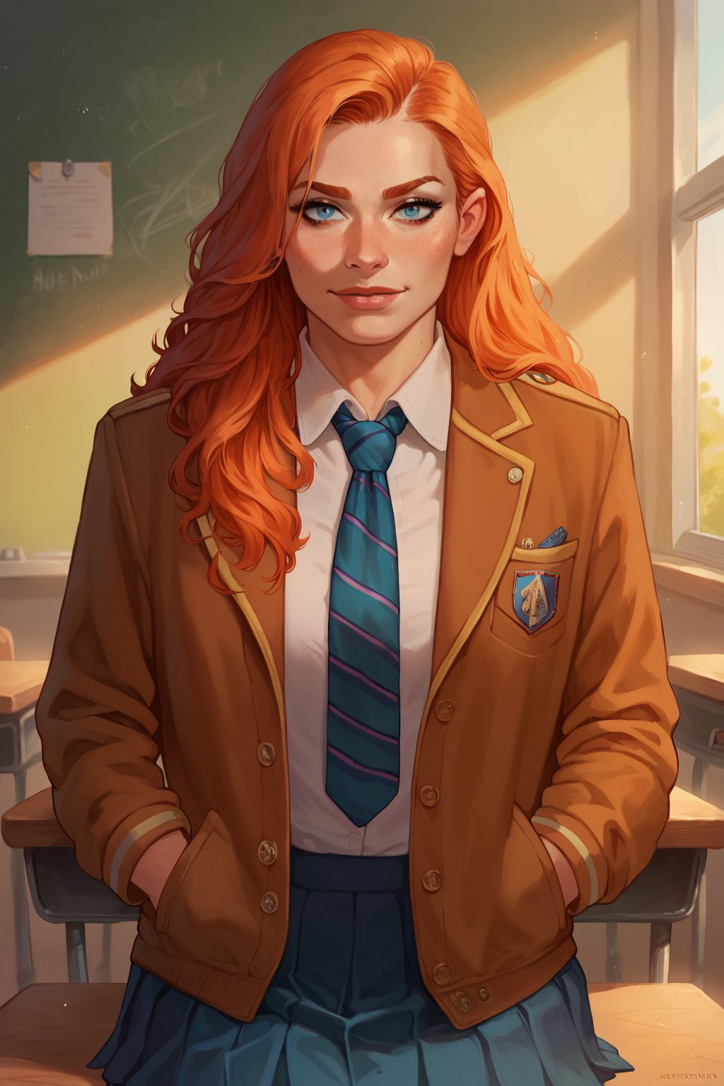 score_9,score_8_up,score_7_up, cinematic, 1girl, ginger, blue eyes, necktie, solo, school uniform, long hair, looking at viewer, striped necktie, upper body, jacket, sitting down, classroom, hands on pocket, ANATO