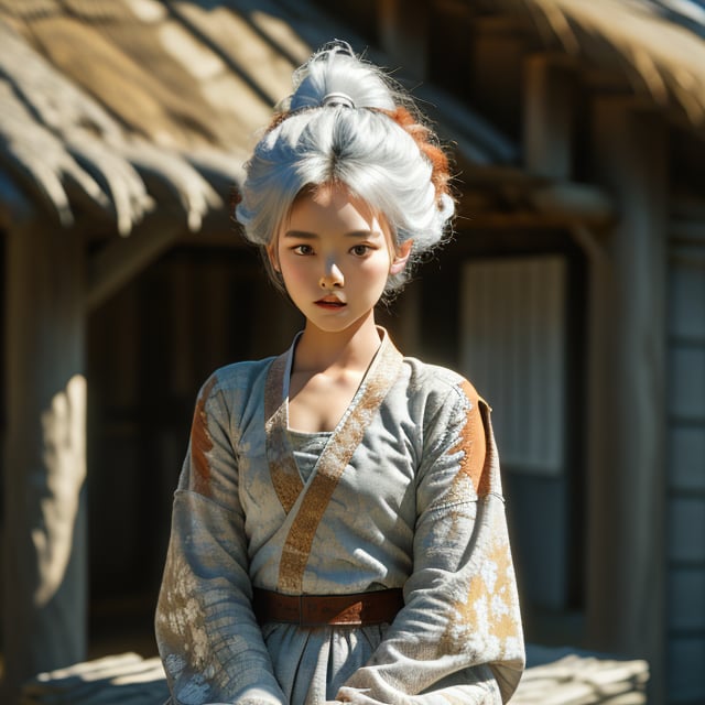 A striking Korean girl with bold features, sporting a unique blend of white and brown hair, stands confidently on a rustic hut house. Her small face contrasts with her assertive stance, captured in a close-up shot. The scene is illuminated by natural sunlight, highlighting her distinct hairstyle and the weathered texture of the hut. The composition focuses on her poised figure against the backdrop of the wooden structure, emphasizing her presence and the vibrant interplay of light and shadow.