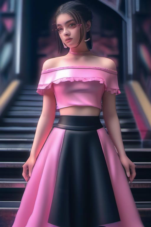 Pink offshoulder top with black skirt location shopping (masterpiece, top quality, best quality, official art, beautiful and aesthetic:1.2), (1girl), extreme detailed,(fractal art:1.3),colorful,highest detailed,Dreamy Atmosphere,Bright color,Complete clothes
