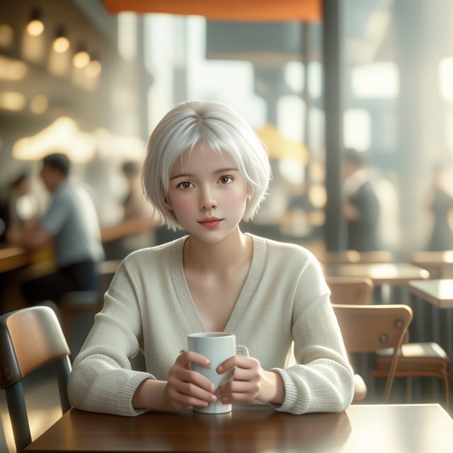 A city girl with a face reminiscent of Lisa, sporting white short hair, sits at a bustling cafe. The scene is framed with a close-up of her expressive features, illuminated by the soft natural light filtering through cafe windows. She's dressed in urban chic attire, her posture relaxed as she sips coffee, capturing the essence of modern city life. The background subtly hints at the lively cafe environment, with patrons and baristas in motion, enhancing the vibrant yet serene atmosphere.