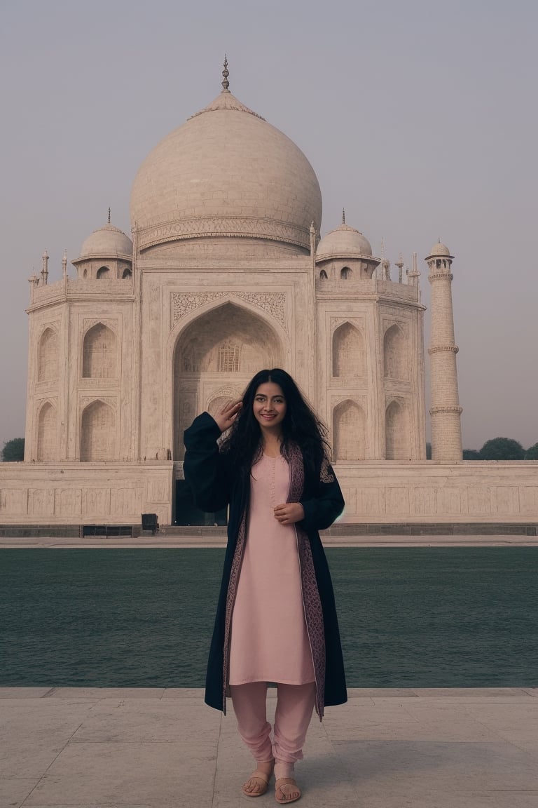 Indian girl, 20 years old, wearing pink Salwar kurta, stand in the front of Taj Mahal, with some Stranger and with happy 