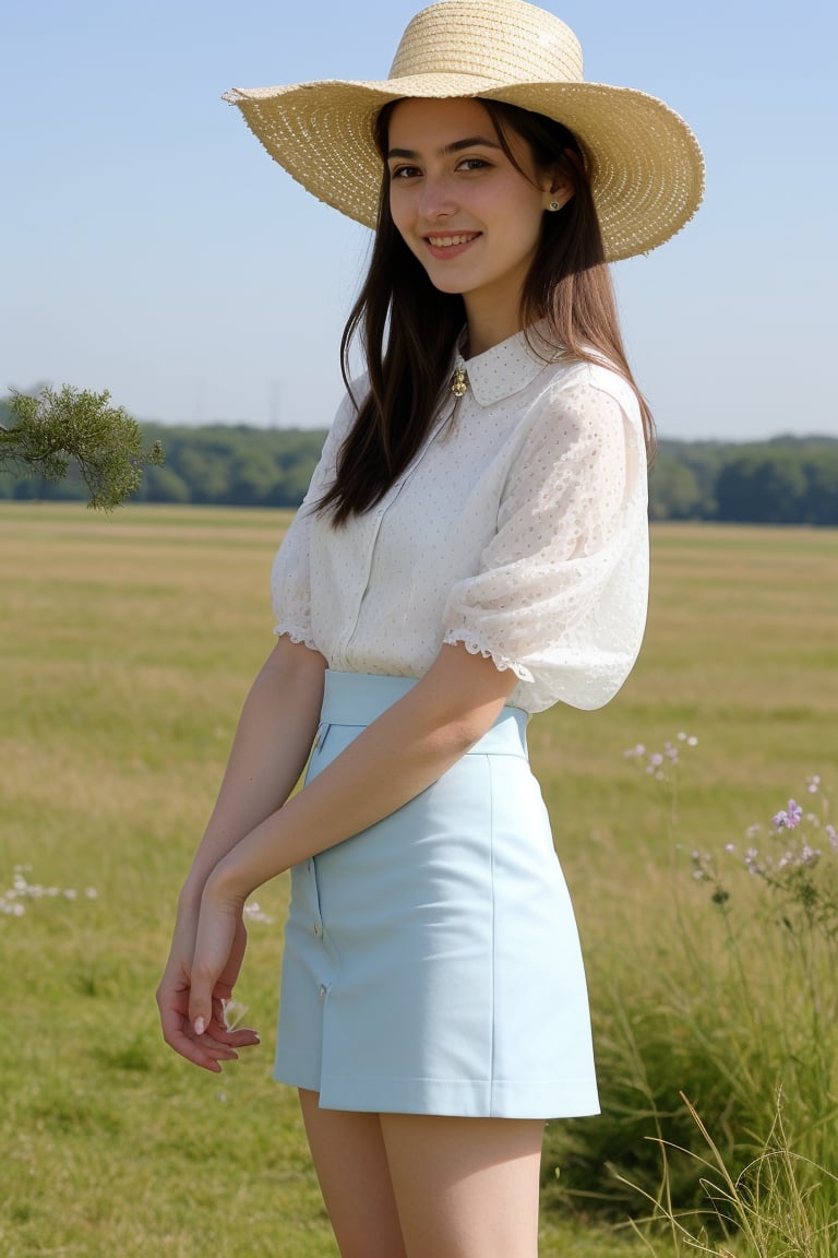 Indian girl, 20 year old , 


Imagine an Indian girl, Priti, 


Imagine a girl standing in a serene countryside meadow, dressed in a vintage-style outfit. She wears a fitted white blouse with puffed sleeves and a lace collar, paired with a high-waisted, knee-length pastel blue A-line skirt with white polka dots. On her feet are classic white Mary Jane shoes with ankle straps. She accessorizes with a wide-brimmed straw sun hat adorned with a matching blue ribbon, a pearl necklace, and pearl stud earrings. Her look is completed with a small wicker basket draped with a blue and white checkered cloth, hinting at a delightful picnic. Her hair is styled in loose waves, and she smiles softly, capturing a moment of timeless elegance against the backdrop of tall grass and wildflowers under a clear, sunny sky.

And looking 
Like a realistic Indian girl 