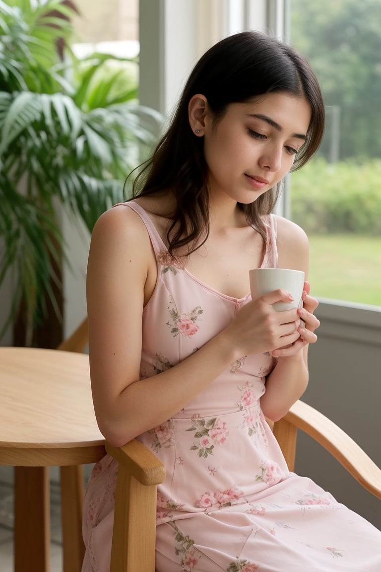 Indian girl, 20 year old , 


Imagine an Indian girl, Priti, 

---
---

---

Imagine a 20-year-old girl sitting gracefully on a wooden chair in front of her charming house. She is wearing a delicate, floral morning dress that gently sways with the breeze, its pastel colors complementing the soft morning light. Her long, wavy hair is loosely tied back, with a few strands framing her face, giving her a relaxed and natural look. The house gate is visible in the background, open wide, inviting the morning sunlight to flood the front yard. In front of her, a small wooden table holds a steaming cup of tea, its inviting aroma filling the air. She holds the cup delicately in both hands, savoring the warmth and comfort it brings. The serene expression on her face as she takes a sip adds to the peaceful ambiance. The lush, green surroundings, with blooming flowers and vibrant plants, enhance the idyllic and tranquil morning 

---

And looking like a realistic Indian pretty girl

