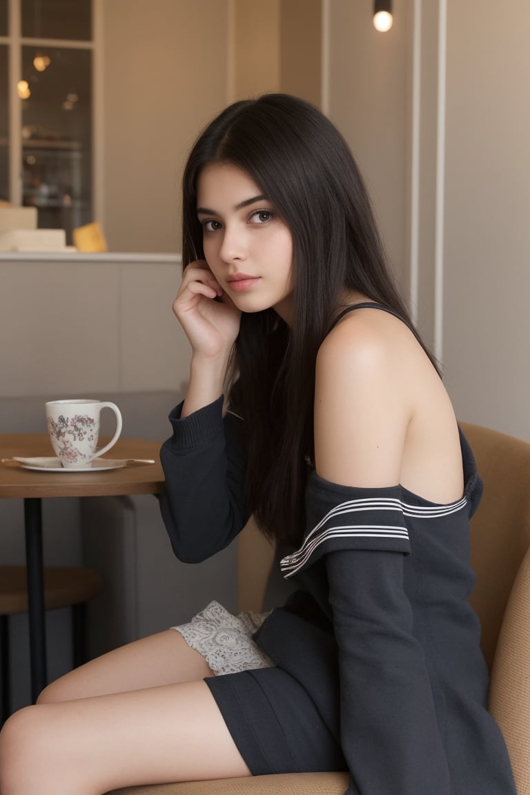 Indian girl, 20 years old, wearing 
Casual cloth sitting on 
Chair in cafe with a cough of coffee and looking like a real Indian girl
Looking like a realistic Indian girl
Her eyes looking beautiful ,hair looking black 
With casual pose
