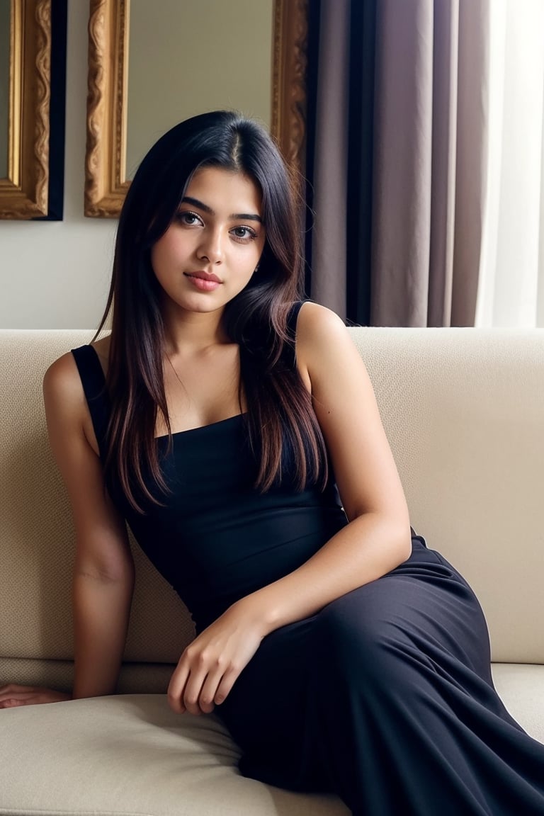 Indian girl, 20 years old, wearing Black frocks in her 
Drawing room sitting on sofa
Looking like a realistic Indian girl
Her eyes looking beautiful ,hair looking black 
With 
Pretty pose like an 
Actress
