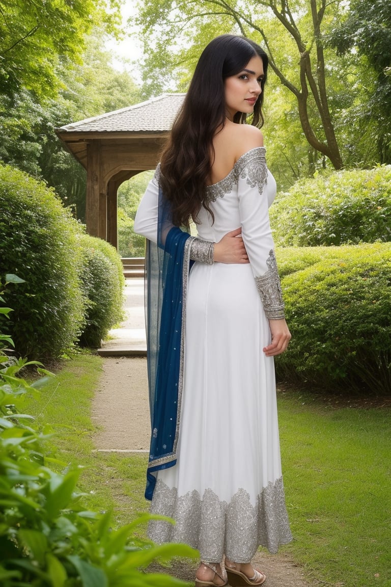 Indian girl, 20 year old , 


Imagine an Indian girl, Priti, 

--Imagine a 20-year-old Indian girl standing in a lush garden, exuding natural beauty and grace. She is wearing a stunning, royal blue Anarkali suit adorned with silver embroidery and intricate patterns. The long, flowing dress enhances her slender figure, and the matching dupatta is draped elegantly over her shoulders. Her posture is confident yet relaxed, with one hand resting lightly on her hip and the other holding the edge of her dupatta. Her long, black hair is left open, cascading in soft waves down her back. She has adorned herself with silver jhumkas and a delicate bracelet. Her face is glowing, with a warm smile that reaches her expressive eyes, which are lined with kohl. Her feet are adorned with delicate silver anklets, and she is wearing traditional juttis. The garden around her is vibrant, with blooming flowers and lush greenery, adding to the overall serene and picturesque setting. The sunlight filters through the trees, casting a soft, golden glow on her, highlighting her traditional yet timeless beauty.

And looking like a realistic Indian pretty girl

