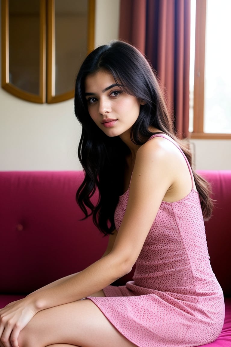 Indian girl, 20 years old, wearing 
Pink frocks in her 
Drawing room sitting on sofa
Looking like a realistic Indian girl
Her eyes looking beautiful ,hair looking black 
With 
Pretty pose like an 
Actress
