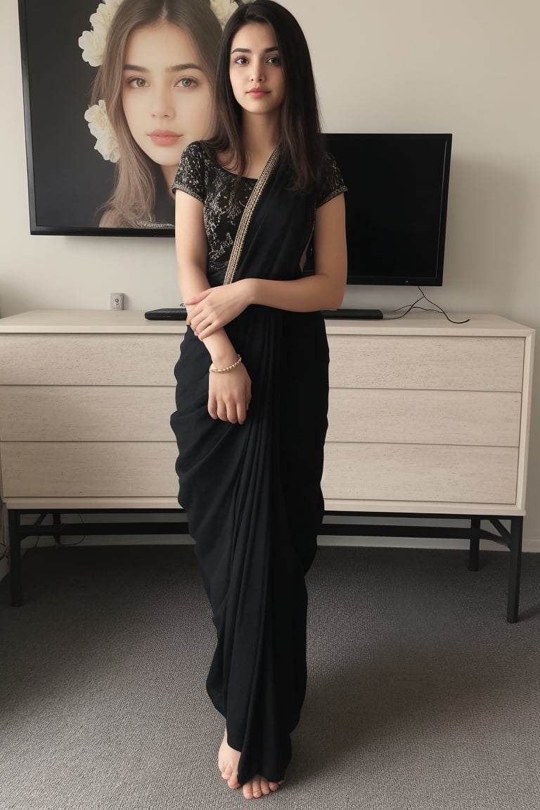 Indian girl, 20 years old, wearing 
Black saree and standing front of the TV which is in her drawing room and pose like dupatta of saree in her hand and looking like a pretty Indian girl which is shine
and looking like a real Indian girl
Looking like a realistic Indian girl
Her eyes looking beautiful ,hair looking black 
With two leg wearing Bell bottom jeans which is black in colour
With casual pose
