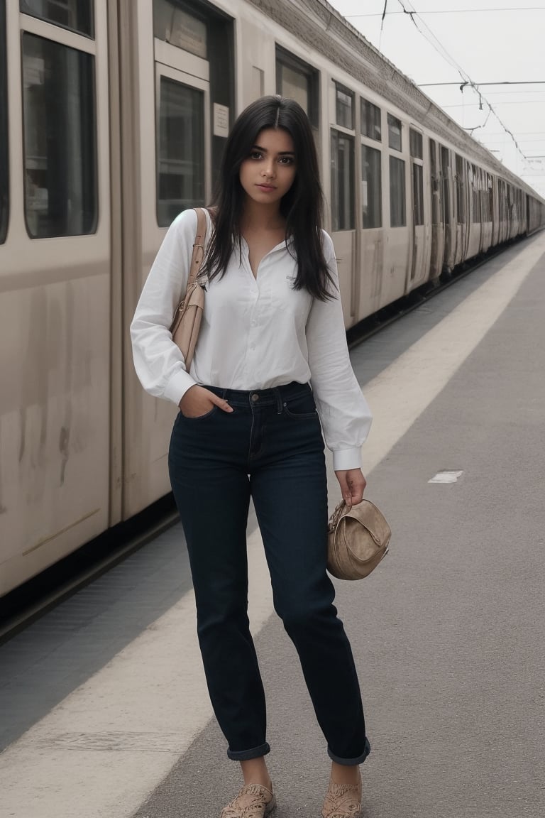 Indian girl, 20 years old, wearing 
Casual clotH 
Walking on street with normal pose the street of Delhi metro in background and some people are there in background
and looking like a real Indian girl
Looking like a realistic Indian girl
Her eyes looking beautiful ,hair looking black 
With two leg wearing Bell bottom jeans which is black in colour
With casual pose
