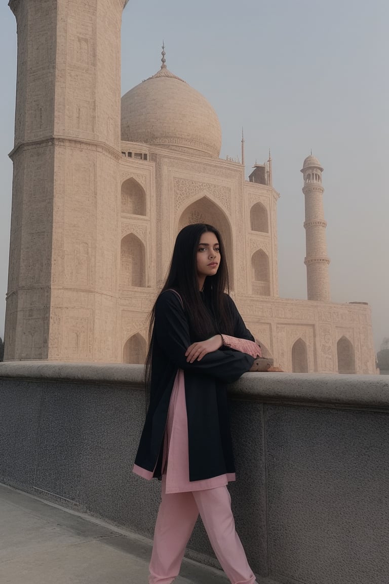 Indian girl, 20 years old, wearing pink Salwar kurta with 
Background of Taj Mahal and sab people ,
Her eyes looking beautiful ,hair looking black 
With casual pose