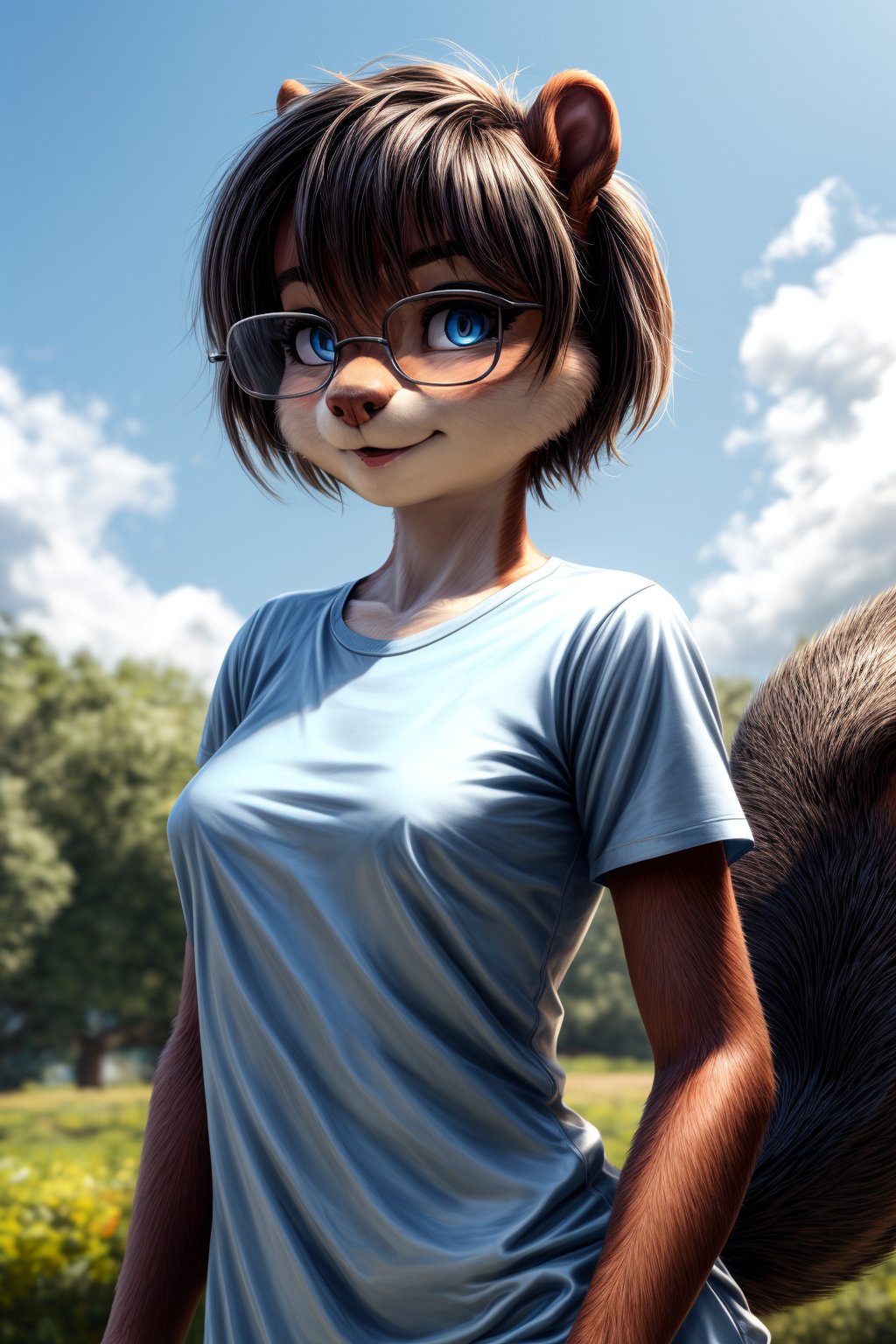 Realhands Highly detailed, 2d illustration, best quality, 4k, masterpiece: 1.2, high resolution, ultra detailed, detailed, classic beauty, beautiful and perfect eyes, (medium shot) a black squirrel girl, young, with glasses, blue t-shirt, medium breasts, perky, a big squirrel tail