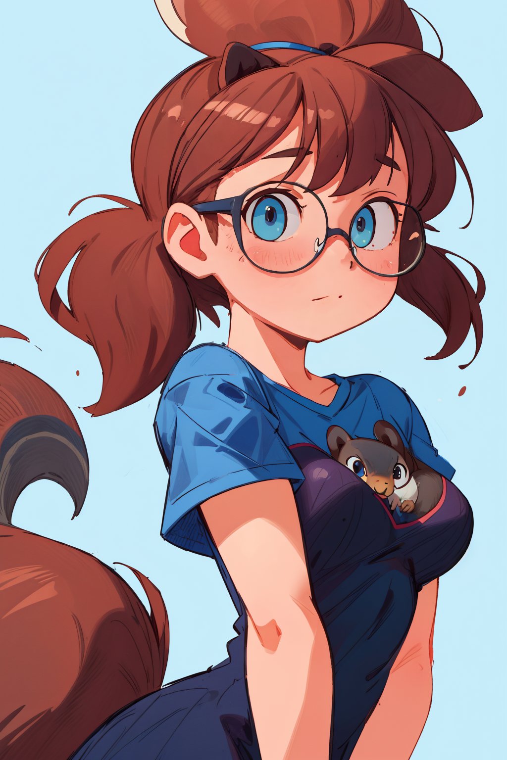 Realhands Highly detailed, 2d illustration, best quality, 4k, masterpiece: 1.2, high resolution, ultra detailed, detailed, classic beauty, beautiful and perfect eyes, (medium shot) a black squirrel girl, young, with glasses, blue t-shirt, medium breasts, perky, a big squirrel tail