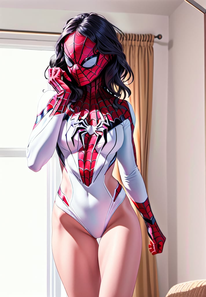 Masterpiece, Best quality, Photorealistic, Ultra-detailed, fine detail, high resolution, 8K wallpaper, an image of spiderwoman in a room, wearing a full black spiderman suit without the mask, stunning spiderman suit, authentic spiderman suit