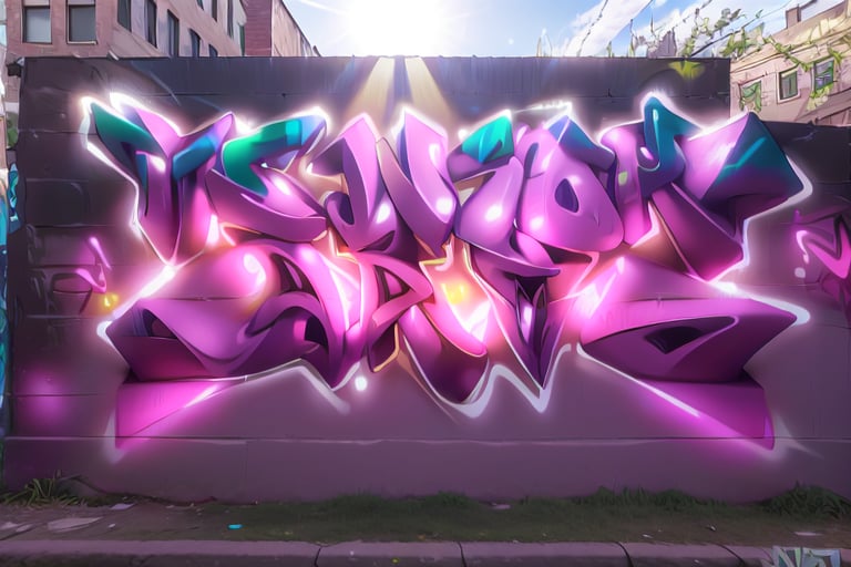 In a forgotten corner of Brooklyn's bustling neighborhood, the imposing  Graffiti 3D WHIT text: JAHZ Graffiti 3D rises majestically into the sky, its metal letters gleaming and reflecting sunlight in brilliant sparkles that dance across the surrounding buildings. During the day, warm sunlight highlights intricate details, casting shadows on the urban landscape. At day, strategically placed pink lights illuminate JAHZ with colors: violet, green, yellow and white, that dance in the jungle like 3d graffiti.,graffiti 3d,3D,Graffiti 3D,pieza