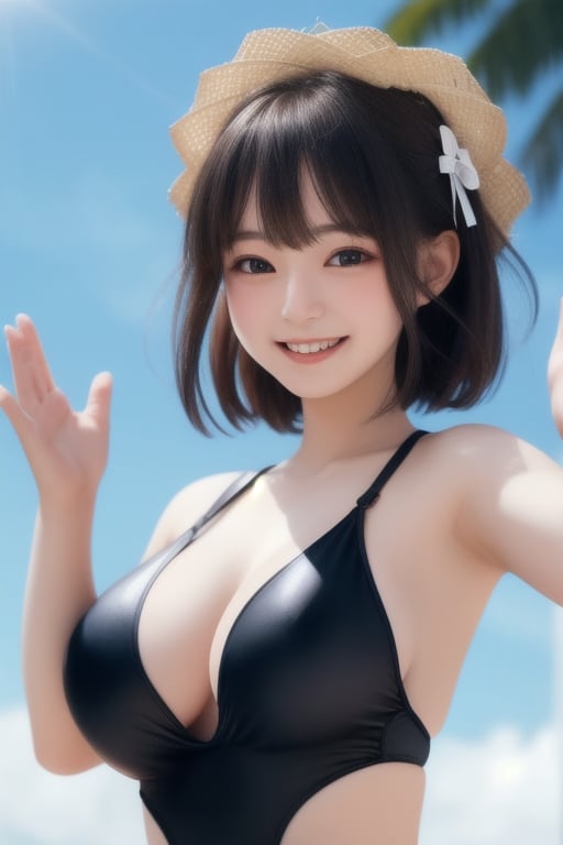 A beautiful girl wearing a black swimsuit, raising her hands to show her armpits, smiling,hime cut