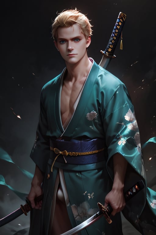 score_9, score_8_up, score_7_up, dark theme, concept art, Expressiveh, Extremely Realistic, 1guy, solo, blue eyes, blonde hair in top knot, weapon, japanese clothes, sword, kimono, katana, sheath, realistic, unsheathing, green kimono,