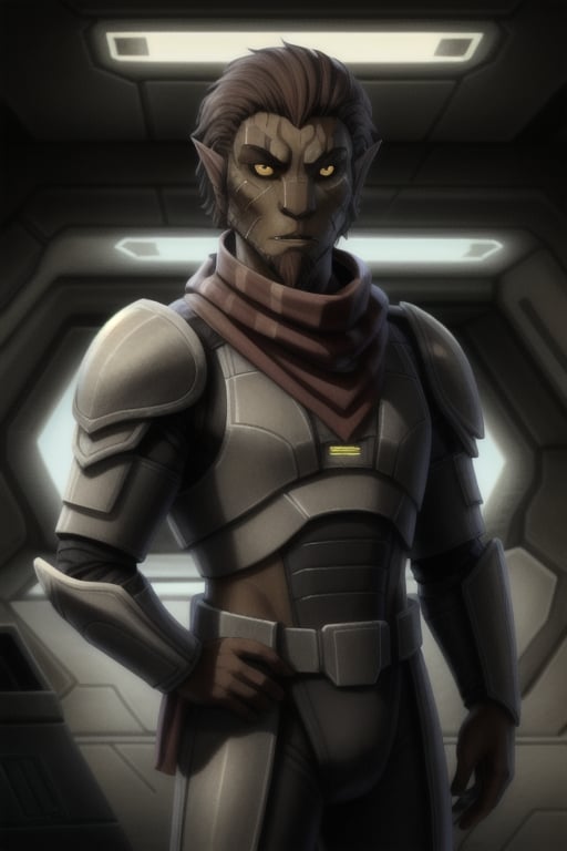 cathar, 1boy, male focus, short-hair color black , yellow-brown sclera, alien, facial hair, scarf, black sclera, upper body, solo, wearing light sci-fi armor, inside a bunker, portrait