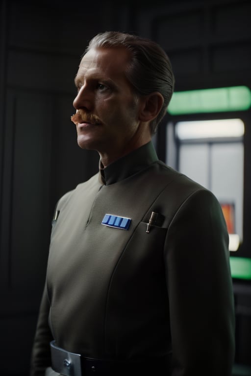 1male white, 38yo, big, wearing a lima green imperialofficer uniform without a hat, Moustache, orange emblem color, 8k uhd, dslr, soft lighting, high quality, film grain, masterpiece quality, photorealistic