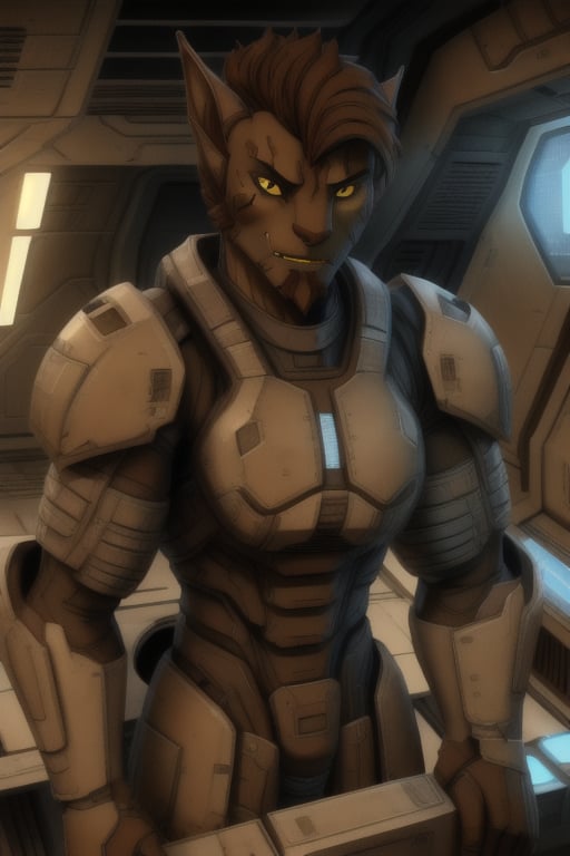 cathar, 1boy, wearing a dark armorsuit  without helmet, male focus, short-hair color black , yellow-brown sclera, alien, facial hair, black sclera, upper body, solo, wearing light sci-fi armor, inside a bunker, portrait