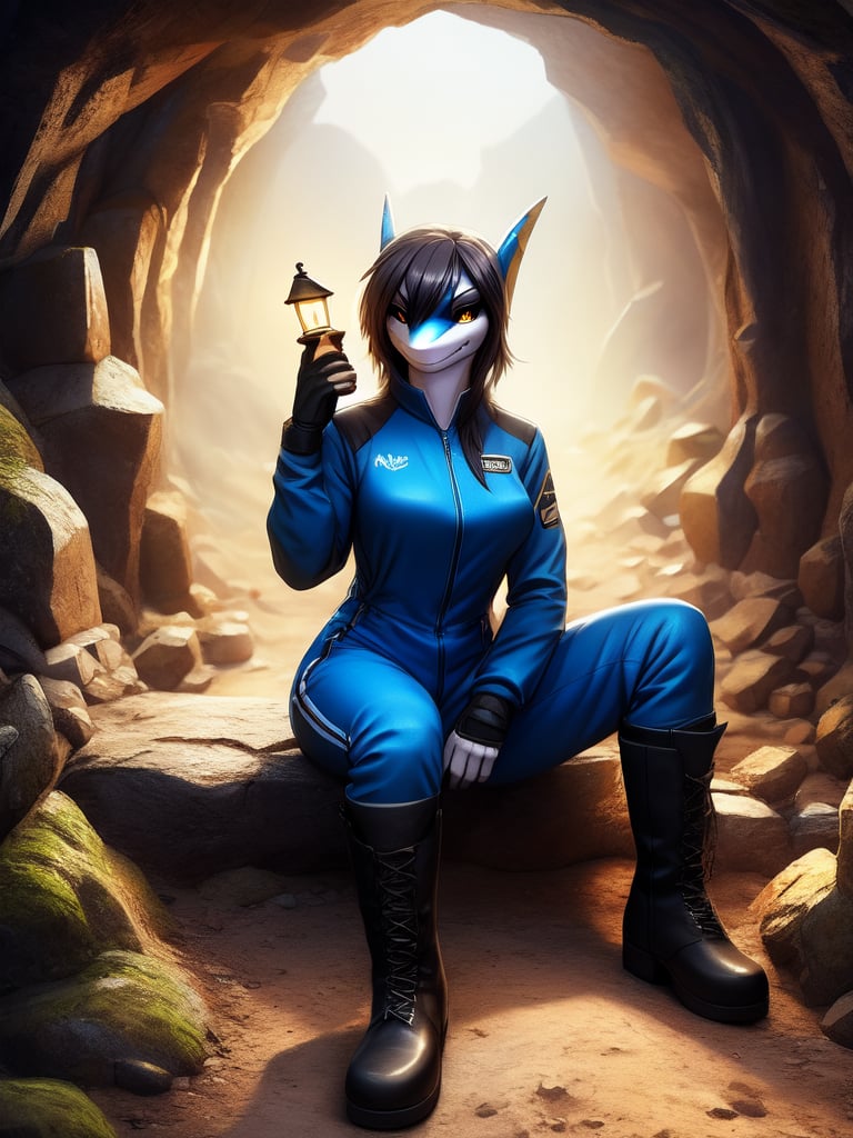 anthro shark, solo, 1girl, colored sclera, yellow eyes, black hair,  full body portrait, brown sclera, no hair, black sclera, wearing dark jump suit with pants and boots, medium_breasts, medium_ass, sitting inside a deep in a dark cave, black_gloves, holding a  lantern, masterpiece, high detailed, 8k, UHD, digital_media(art), looking_at_viewer, c: