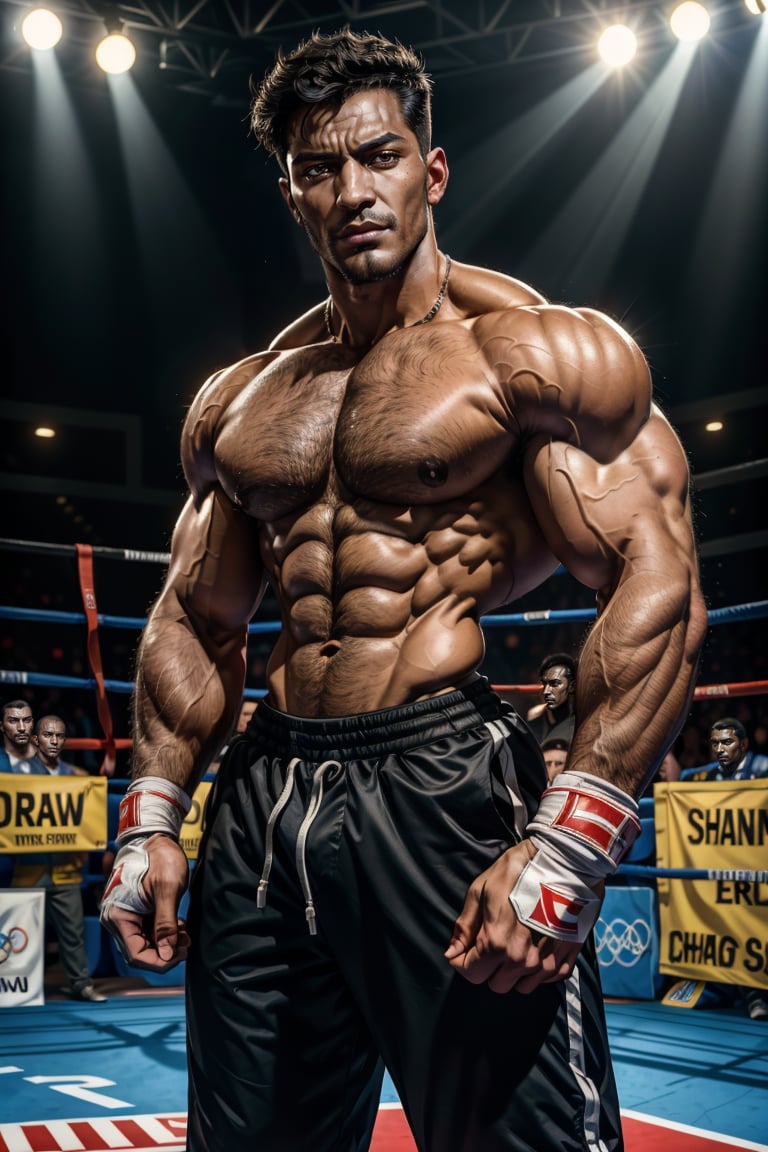 A cinematic masterpiece! A youthful Italian boxer, champion and bantamweight, stands proudly in the arena, wearing boxing gloves and exuding confidence. His handsome face is framed by a halo of black hair, accentuating his sharp jawline and piercing eyes. Chest hair and arm hair are visible beneath his rugged skin, as he sports a stylishly trimmed beard and stubble. In the dimly lit arena, dramatic cinematic lighting casts long shadows, highlighting the contours of his athletic physique. In the background, the Olympic rings symbolize his championship status. With an innocent expression, he gazes directly at the camera, inviting us to enter his world. Framed by a subtle vignette, this UHD image is a true masterpiece, capturing every detail with maximum quality and life-like realism.