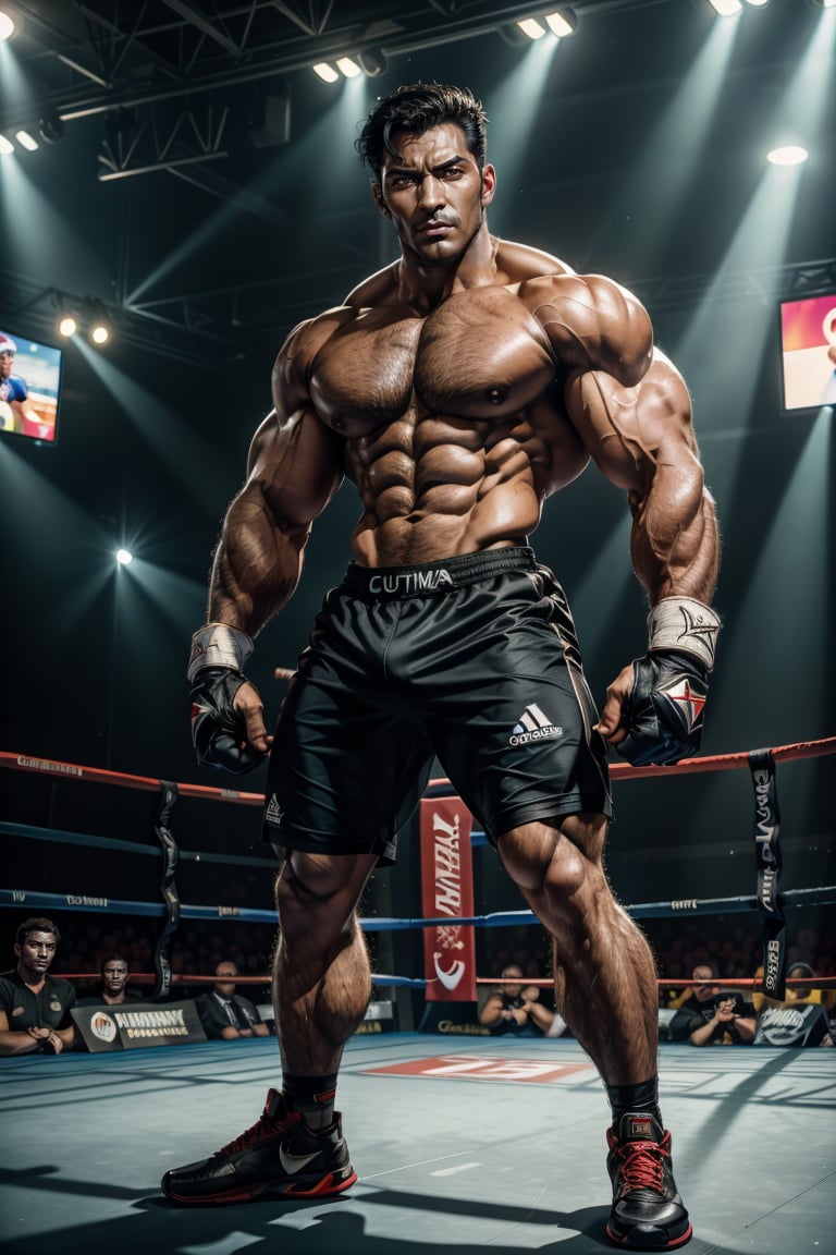 A cinematic masterpiece! A youthful Italian boxer, champion and bantamweight, stands proudly in the arena, wearing boxing gloves and exuding confidence. His handsome face is framed by a halo of black hair, accentuating his sharp jawline and piercing eyes. Chest hair and arm hair are visible beneath his rugged skin, as he sports a stylishly trimmed beard and stubble. In the dimly lit arena, dramatic cinematic lighting casts long shadows, highlighting the contours of his athletic physique. His outstanding proportions are highlighted by the enormous bulge between his legs. In the background, the Olympic rings symbolize his championship status. With an innocent expression, he gazes directly at the camera, inviting us to enter his world. Framed by a subtle vignette, this UHD image is a true masterpiece, capturing every detail with maximum quality and life-like realism.