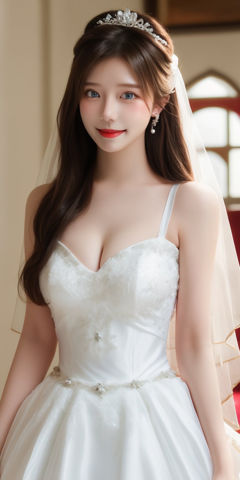 Half-length shot of a beautiful girl wearing a white sleeveless wedding dress, cleavage, earrings, princess hair, smile, blue eyes