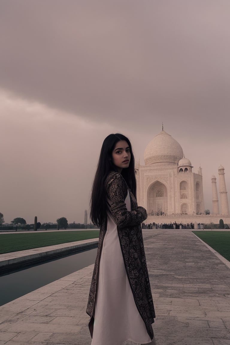 Indian girl 20 year old wearing pink 
Kurta and standing front of Taj Mahal with beautiful eyes beautiful and confidently With a twinkle in her eye, she poses for the camera, 
Looking like 
Real Indian girl which is more reality