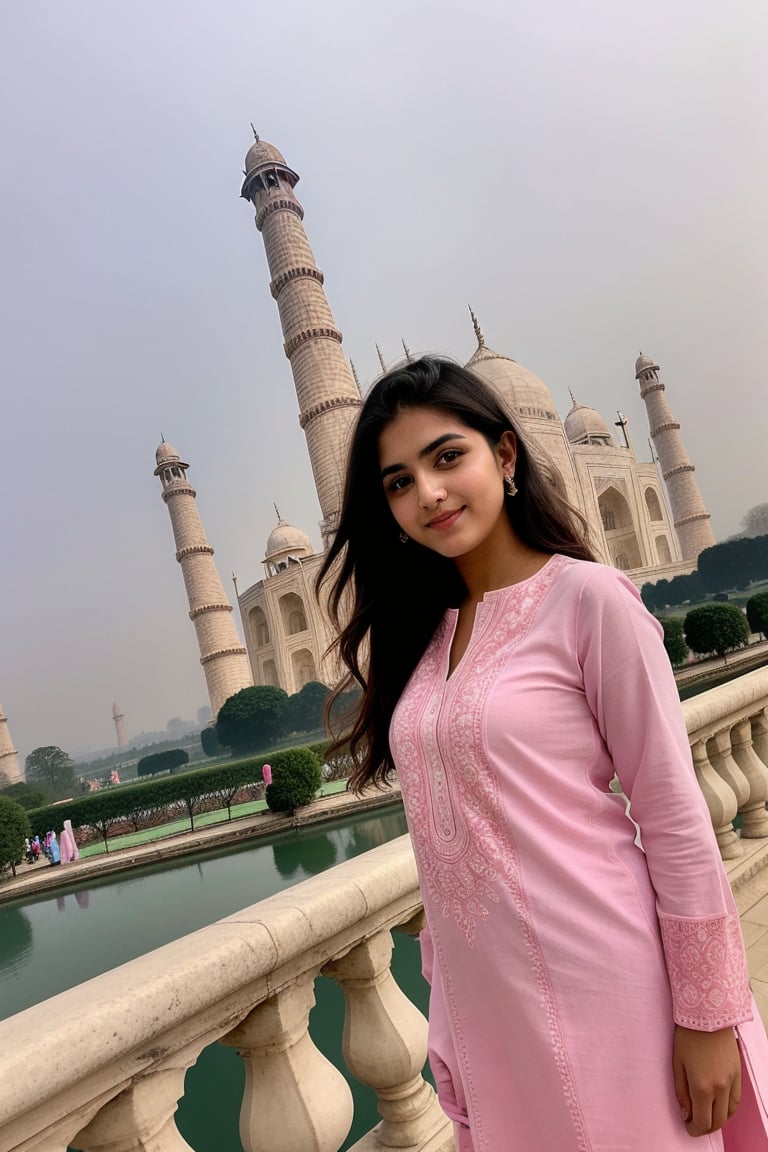 Indian girl 20 year old wearing pink 
Kurta and standing front of Taj Mahal with beautiful eyes beautiful and confidently With a twinkle in her eye, she poses for the camera, 
Looking like 
Real Indian girl which is more reality

Put some people in background to show realistic

Now with different pose pose like an actress pose like an actress