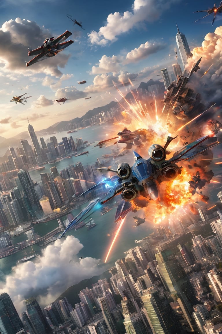 sky, clouds, bomb in the air, Super hero flying out, EpicSky, explosion below superhero, superhero  large in image, hong kong skyline, x wing fighter
