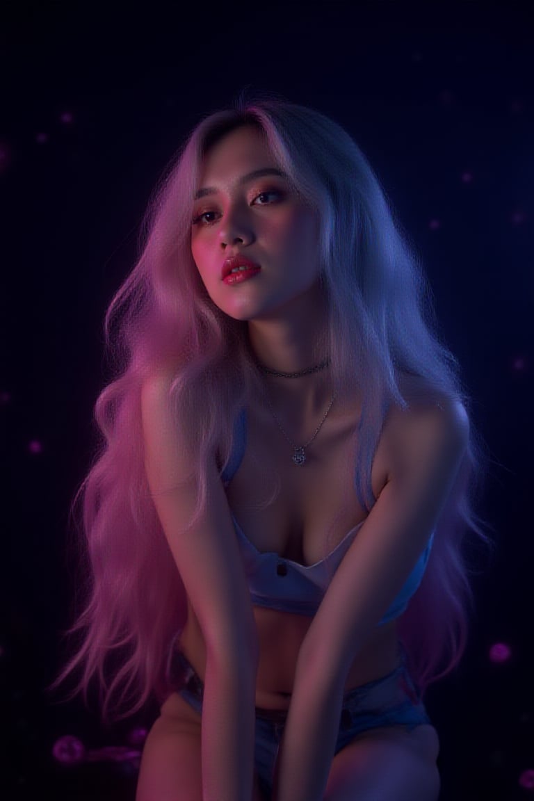 In this hyperrealistic portrait, a kawaii girl sits poised against a dark cyberpunk backdrop, her long, curly, wavy neon rainbow hair cascading down her back like a Technicolor dream. Soft luminescence glows on her porcelain skin as she gazes directly at the viewer. Intricate lace patterns adorn the studio's dark walls, creating an eerie yet whimsical atmosphere. The subject's delicate features and vibrant locks are rendered in stunning Octane detail, with every strand of hair and bead of sweat captured in photorealistic precision.