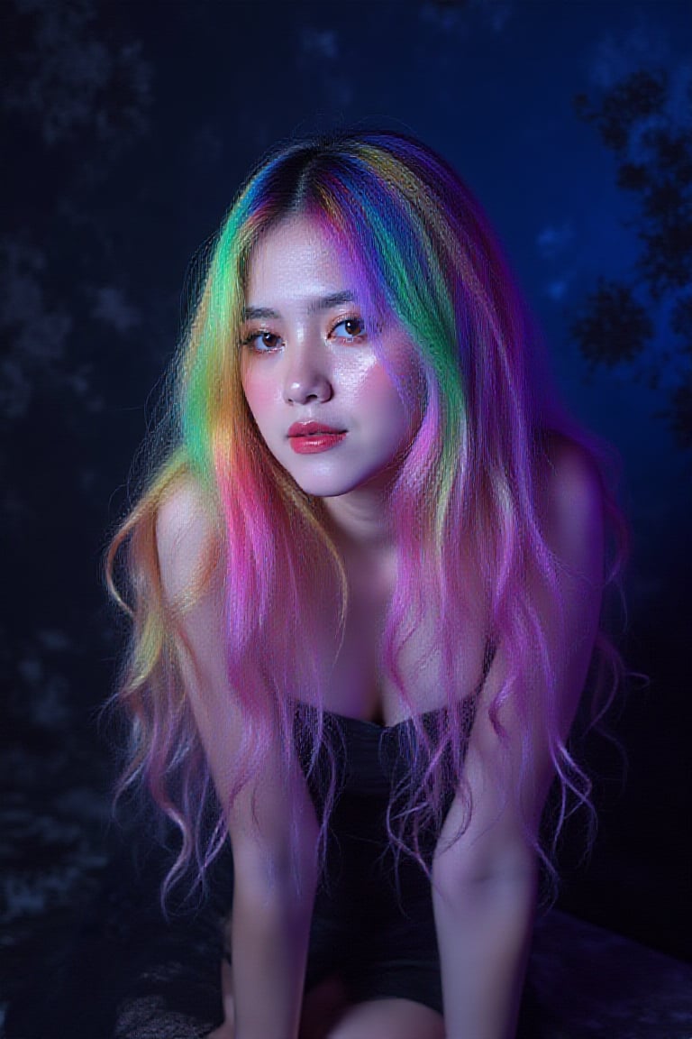 In this hyperrealistic portrait, a kawaii girl sits poised against a dark cyberpunk backdrop, her long, curly, wavy neon rainbow hair cascading down her back like a Technicolor dream. Soft luminescence glows on her porcelain skin as she gazes directly at the viewer. Intricate lace patterns adorn the studio's dark walls, creating an eerie yet whimsical atmosphere. The subject's delicate features and vibrant locks are rendered in stunning Octane detail, with every strand of hair and bead of sweat captured in photorealistic precision.