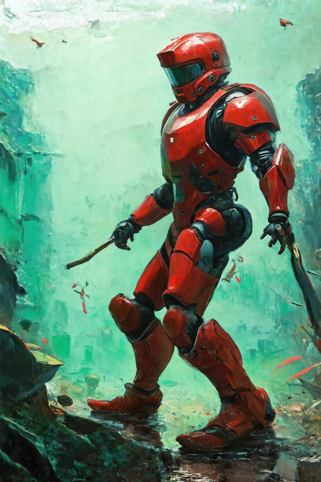 oil painting, apocalypses, a male in red power armor, snukp, helmet is huge aquarium green glass, In destroying city, masterpiece, sci-fi, future, outdoors, calm, serene atmosphere, vibrant, soft pastels, whimsical, intricate details, dreamlike, concept art, illustration, highly detailed, beautiful image