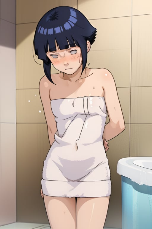 hinata, 4k, absurd, high resolution, very high resolution, high definition, masterpiece, anime_source, short hair, black hair, no pupils, blunt bangs, shiny hair, white eyes, hands behind back, blush, disgusted, ((tiny bath towel)), bedroom, beautiful body, beautiful legs, embarrassed, blushing