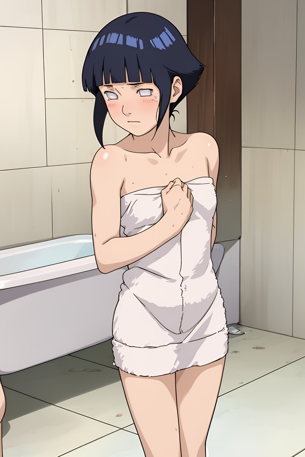 hinata, 4k, absurd, high resolution, very high resolution, high definition, masterpiece, anime_source, short hair, black hair, no pupils, blunt bangs, shiny hair, white eyes, hands behind back, blush, disgusted, ((tiny bath towel)), bedroom, beautiful body, beautiful legs, embarrassed, blushing