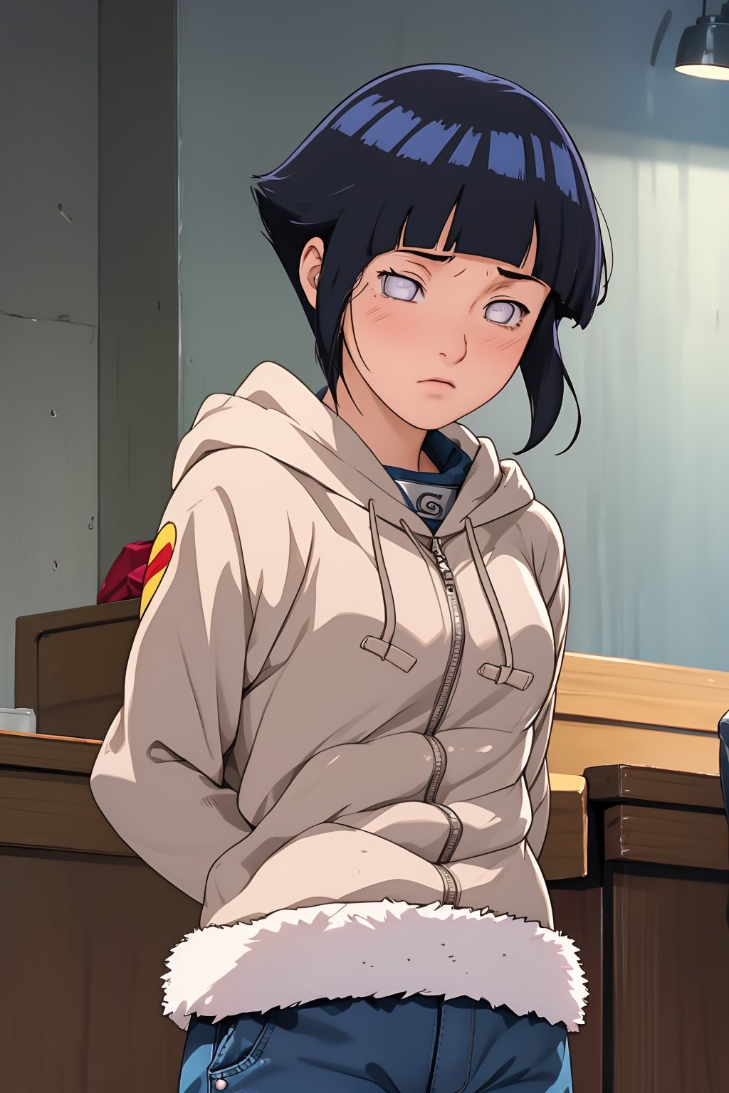 hinata, 4k, absurd, high resolution, very high resolution, high definition, masterpiece, anime_source, short hair, black hair, no pupils, blunt bangs, shiny hair, white eyes, hoodie, hood down, long sleeves, pants capri,hands behind back, blush, disgusted, upper body, arms in V, embarrassed, blushing