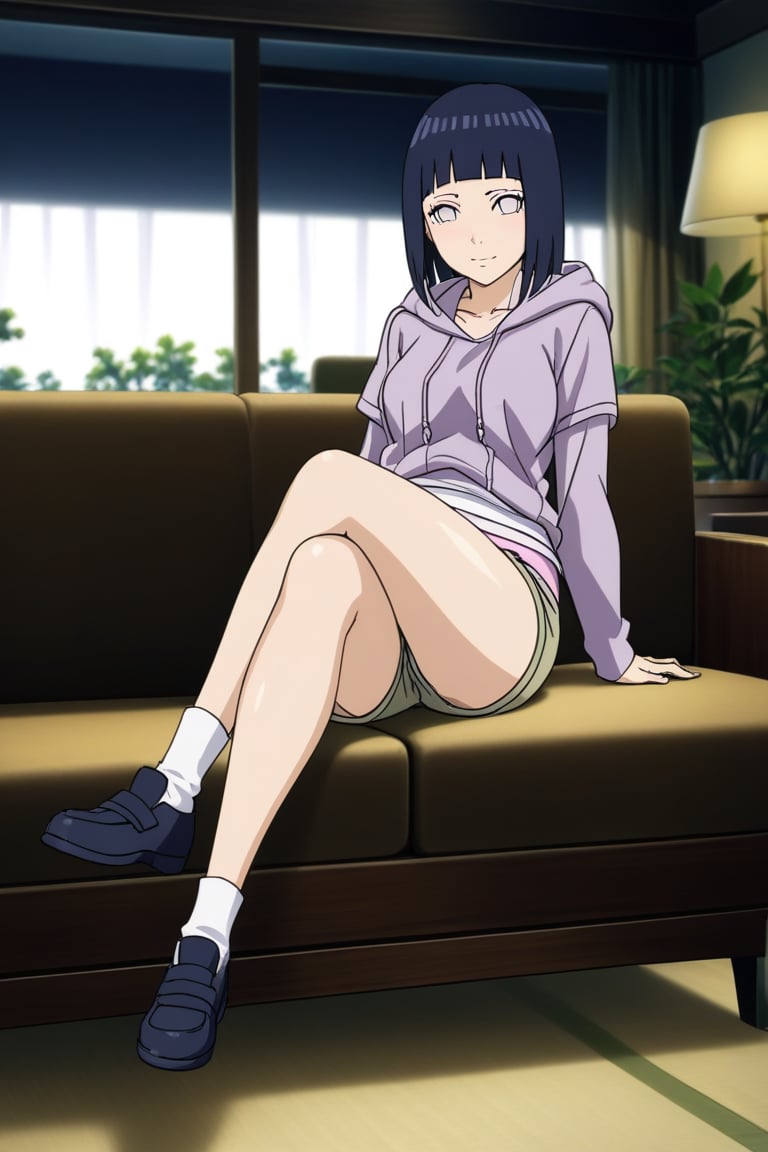 source_anime, ((official_art)), 1girl, hinata_v2, hoodie, tiny kaki shorts, full body, indoors, traditional_media, sitting on couch, legs crossed