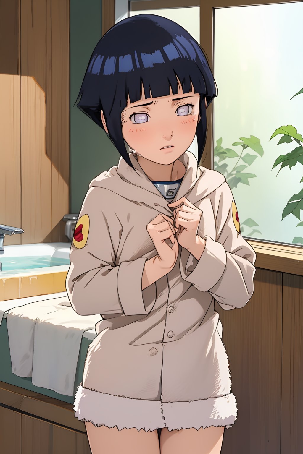 hinata, 4k, absurd, high resolution, very high resolution, high definition, masterpiece, anime_source, short hair, black hair, no pupils, blunt bangs, shiny hair, white eyes, hands behind back, blush, disgusted, tiny bath towel, bedroom, beautiful body, beautiful legs, embarrassed, blushing