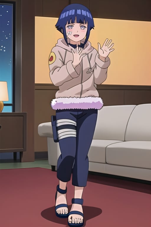 score_9, score_8_up,source_anime, (lora:HinaGeninXL:1),short hair, dark blue hair, no pupils, 1girl, blunt bangs, shiny hair, grey eyes, hoodie, solo, hood down, long sleeves, looking at viewer, blush, fur trim, capri pants, shinobi sandals, smile,standing, full body, bandages, thigh holster,konohagakure symbol, forehead protector, waving, open mouth, toeless footwear,legs together, livingroom_background, night time,anime screencap, anime coloring, 