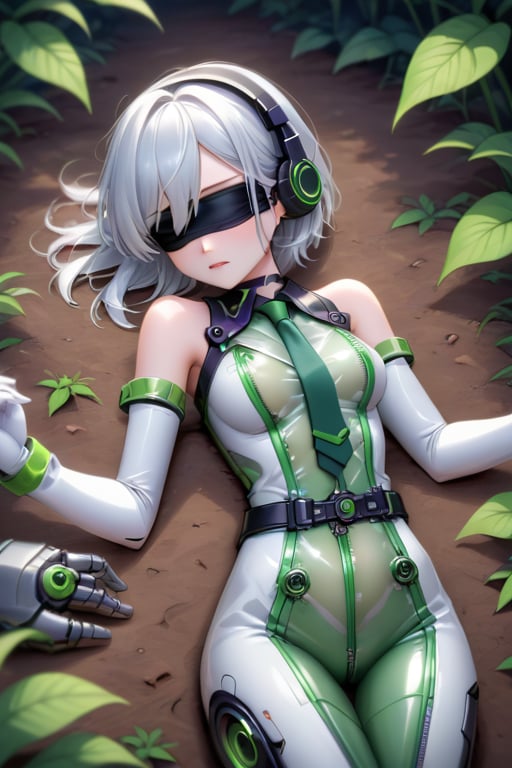 girl Slim, blindfolded, purple tie , dark headphones, white hair long, in the forest ,stretched, lying down, technological suit,sleeveless,green bodysuit,green necktie,belt,ruanyi0530,see-through,zipper,white gloves,bare shoulders,black choker,metallic green color,mechanical parts,android