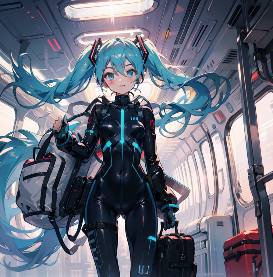 Hatsune Miku,blue plugsuit, black sack,alone, in the plane