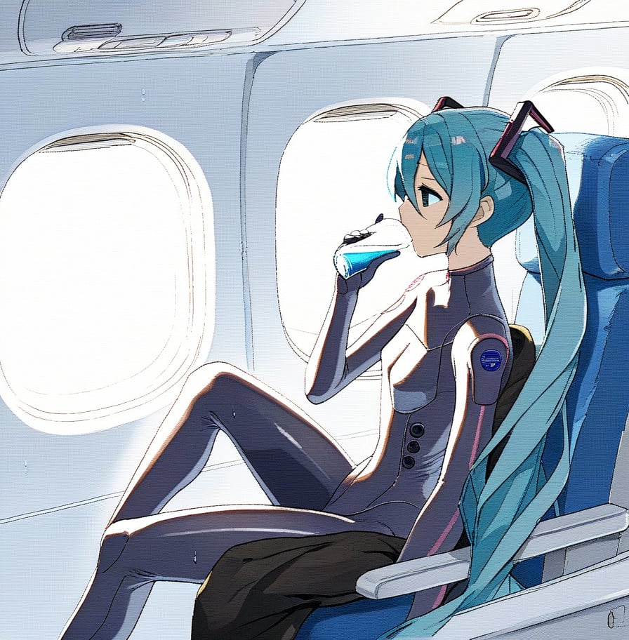 Hatsune Miku,blue plugsuit, black sack,alone, in the plane, drinking 