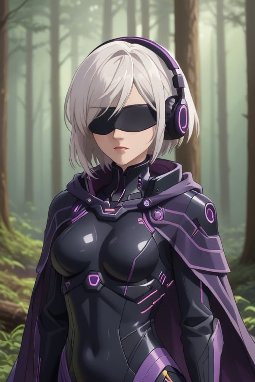 girl, blindfolded, dark headphones, white hair long, , in the forest ,stretched, technological suit purple, purple cape