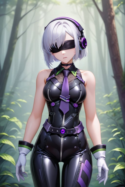 gir, blindfolded , dark headphones, white hair long, in the forest ,stretched, technological suit,sleeveless,black bodysuit,purple necktie,belt,ruanyi0530,see-through,zipper,white gloves,bare shoulders,black choker,metallic purple color,mechanical parts,android,with white edges