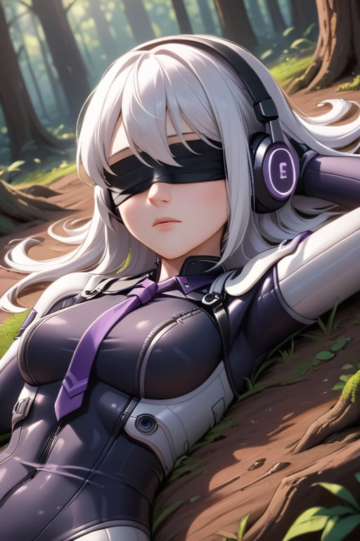 girl, blindfolded, dark headphones, white hair long, bedded, sleep, in the forest ,stretched, lying down, technological suit purple 