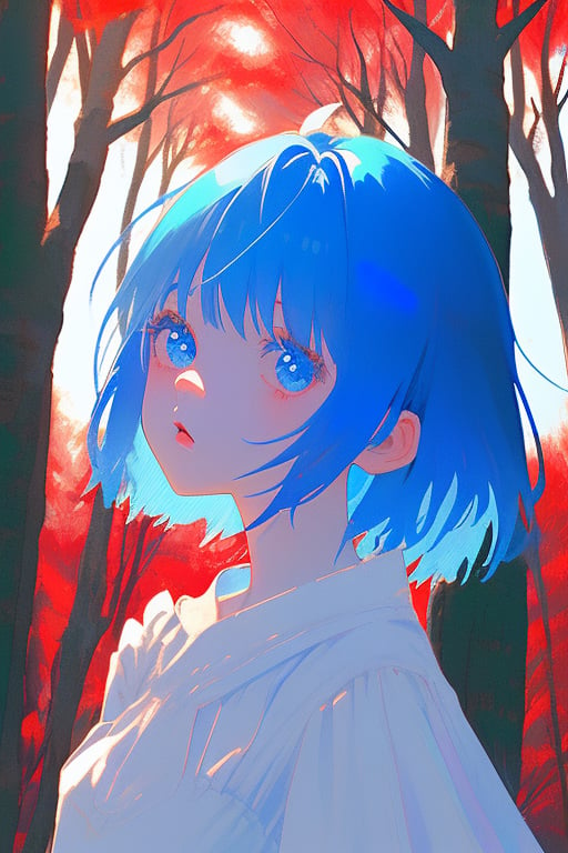 girl, blue hair, white dress, in the forest, red trees, blue , head on, cute face