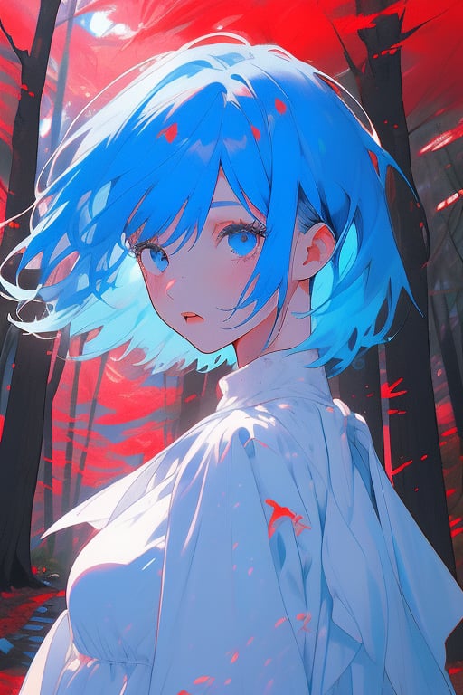 girl, blue hair, white dress, in the forest, red trees, blue, Face , head on