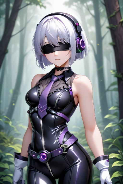 gir, blindfolded , dark headphones, white hair long, in the forest ,stretched, technological suit,sleeveless,black bodysuit,purple necktie,belt,ruanyi0530,see-through,zipper,white gloves,bare shoulders,black choker,metallic purple color,mechanical parts,android,with white edges