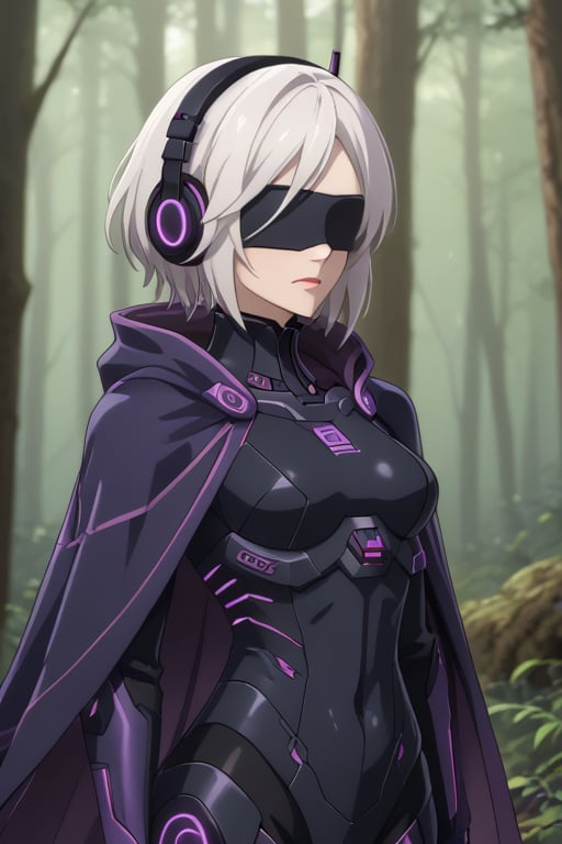 girl, blindfolded, dark headphones, white hair long, , in the forest ,stretched, technological suit purple, purple cape