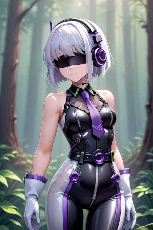 girl cute, blindfolded , dark headphones, white hair long, in the forest ,stretched, technological suit,sleeveless,black bodysuit,purple necktie,belt,ruanyi0530,see-through,zipper,white gloves,bare shoulders,black choker,metallic purple color,mechanical parts,android,with white edges